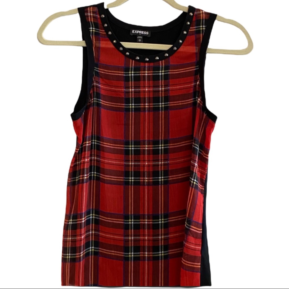 Express NWOT Size XS Plaid Tartan Studded Front Tank Top with Black Stretch Back